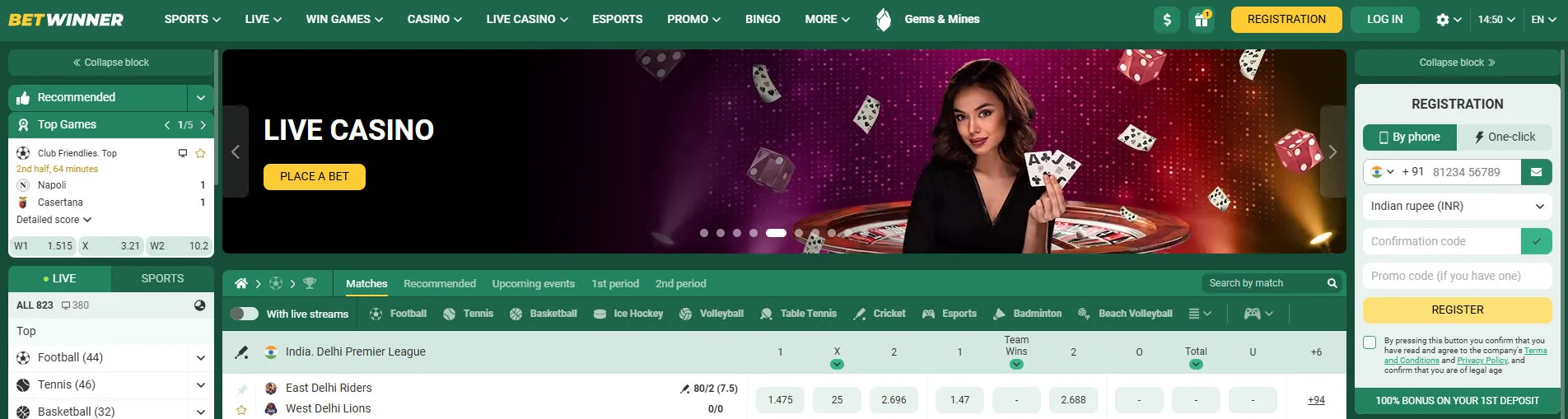 Aperçu officiel de la navigation live casino BetWinner